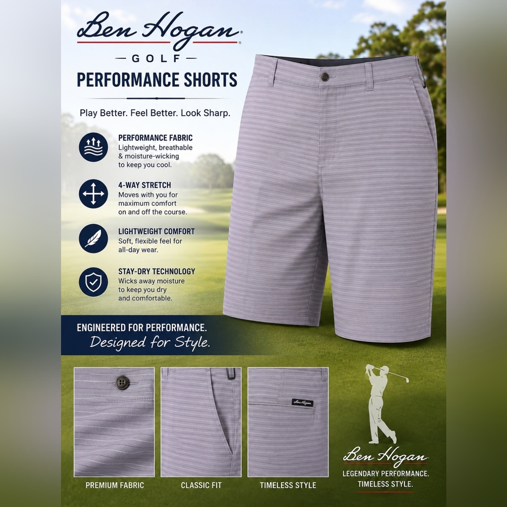 Ben Hogan Men Performance Golf Shorts Summer Casual Striped Lightweight Shorts